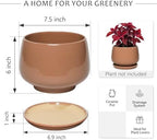 7.5 Inch Ceramic Planter with Saucer,Modern Garden Pots with Drainage Hole Mesh Net, for Indoor Outdoor Use(Reddish Brown) - Image 6