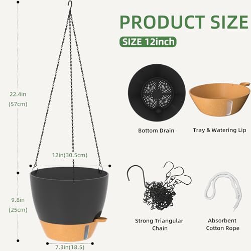 ZMTECH 12 Inch Large Self Watering Hanging Planters for Indoor Outdoor Plants - Water Level Indicator & Removable 60 Oz Reservoir, 1 Pack Plastic Hanging Basket for Window Porch Garden Balcony, Black - Image 5