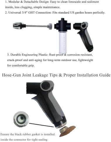 Garden Hose Sprayer Gun, 360° Rotatable Head, Detachable Foam Bottle, 3 Spray Modes, Plastic Body with Brass Connectors, Universal Standard Hose Fit, Great for Garden Watering & Household Car Washing - Image 5