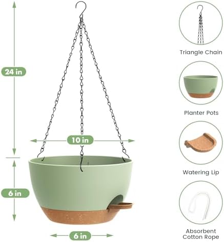 3 Pack 10 Hanging Flower Pots with Chains Self Watering Plastic Planters for Indoor Outdoor Plants, Sturdy Triangular Iron Chain Design for Garden PorchPlastic hanging flower pots (3, Green Brown) - Image 2