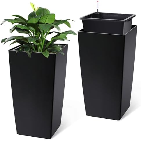 Garvee 30" Tall Planters Set of 2, Outdoor & Indoor Black Planter Pots, High Front Porch Planter Pots with Drainage Holes & Water Level Monitor & Inner Bucket, Black by Garvee