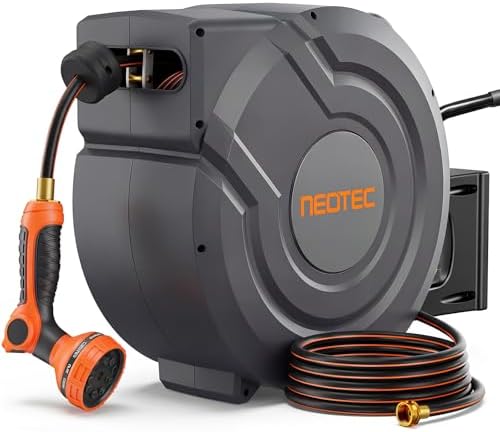 New Retractable Garden Hose Reel 150 ft x 1/2 inch 9 Sprayer Nozzle Automatic Slow Return Any Length Lock Heavy Duty Wall-Mounted Hose Reels for Outside 180° Swivel UV Resistant by NEO-TEC
