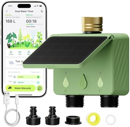 Solar WiFi Water Timer for Garden Hose, 2-Zone Sprinkler Controller with Flow Meter, Smart Irrigation System with Rain Delay, Brass Inlet, APP & Voice Control, No Hub Required by EZAIoTSmart
