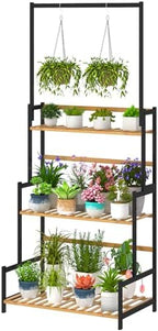 Ufine Bamboo Hanging Plant Stand 3 Tier Ladder Shelf with Hanging Rod by Ufine