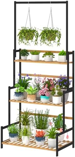 Ufine Bamboo Hanging Plant Stand 3 Tier Ladder Shelf with Hanging Rod by Ufine