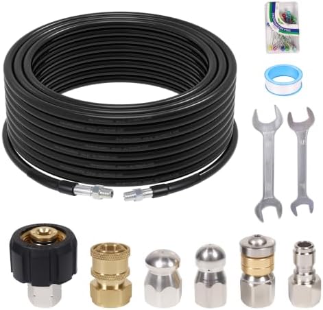 50FT Sewer Jetter Kit for Pressure Washer, 5800PSI, 1/4 Inch NPT Drain Cleaner Hose Sewer Jetting with Rotating Corner Button Nose Nozzle for Pipe Cleaning by NuFlySic