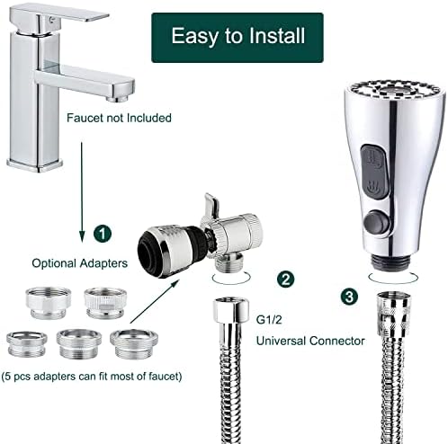 Kitchen Faucet Sink Sprayer Attachment Set,3 Modes Sink Sprayer Replacement Head with Stainless Steel Hose,Faucet Aerator and Brass Diverter Valve (5 pcs Adapter) for Washing Fruit,Dishes and Hair1 - Image 6