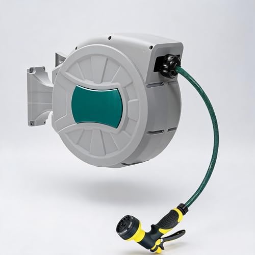 1/2 in x 65 ft Retractable Garden Hose Reel, Wall-Mounted 180° Rotatable Auto Rewind Water Hose Reel with 8-Pattern Spray Nozzle, Anti-Kink Heavy-Duty Hose Reel for Garden Watering Car Washing Pet Bat by RELJOFUM