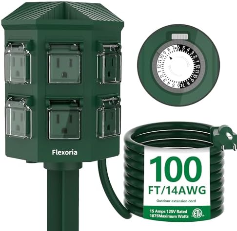 Flexora Outdoor Power Strip with 24-Hour Mechanical Timer, 100 FT Extension Cord Waterproof, 6 Grounded Outlets for Graden and Yard Decorations, ETL Listed by Unknown