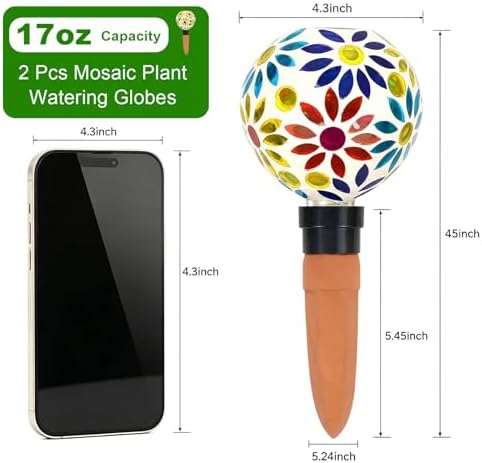2 PCS Mosaic Plant Watering Globes with Terracotta Watering Spikes, 17oz Glass Self Watering Globes for Indoor & Outdoor Potted Plants, Decorative Water Drippers, Hand Blown Art Glass - Image 7