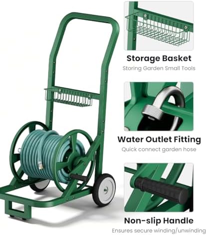 Artigarden Garden Hose Reel Cart with Wheels, Holds 125 ft 5/8" Hose, Green - Image 2