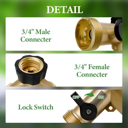 Garden Hose Splitter 2 Way, Y Connector Brass Garden Hose Splitter, Outdoor Valve Hose Adapter with 2 Extra Rubber Washers, Heavy Duty Brass Connector Tap Splitter, Hose Spigot, 2 Pack - Image 4