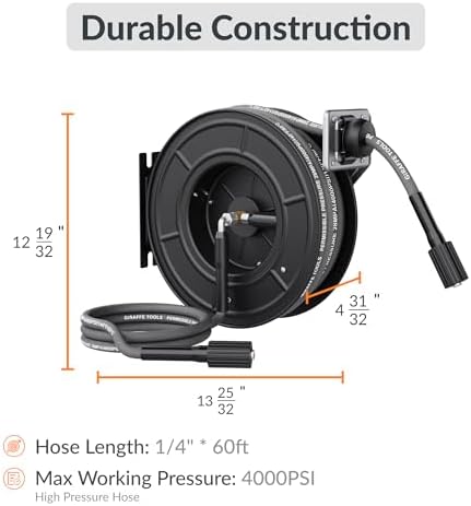 Giraffe Tools Pressure Washer Hose Reel 60ft, Power Washer Hose Reel, Pressure Washer Retractable Hose Reel, Heavy Duty, Wall/Floor Mounted, 4000 PSI, Dark Silver - Image 2