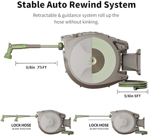 PINWHEEL 5/8in 75FT Retractable Garden Hose Reel, Automatic Retractable Hose with 10-Pattern Spray Nozzle, 180° Swivel Bracket, 3-Layer PVC Durable Water Hose for Yard Lawn Care - Image 6
