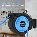Retractable Air Hose Reel, 3/8" x 100 Ft Hybrid Hose Air Compressor Hose Reel with 6.5 Ft Lead-in Max 300 PSI, Air Hose with Any Length Lock, Automatic Rewind, 180° Swivel Bracket, Quick Coupler - Image 2