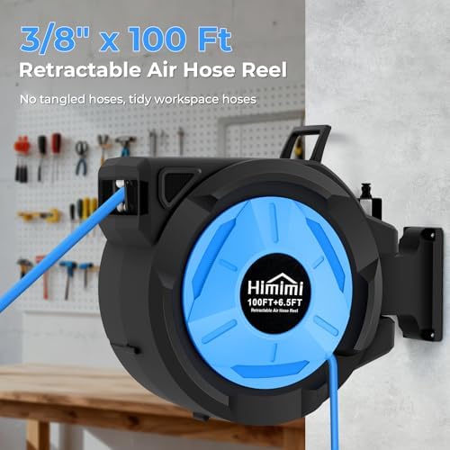 Retractable Air Hose Reel, 3/8" x 100 Ft Hybrid Hose Air Compressor Hose Reel with 6.5 Ft Lead-in Max 300 PSI, Air Hose with Any Length Lock, Automatic Rewind, 180° Swivel Bracket, Quick Coupler - Image 2