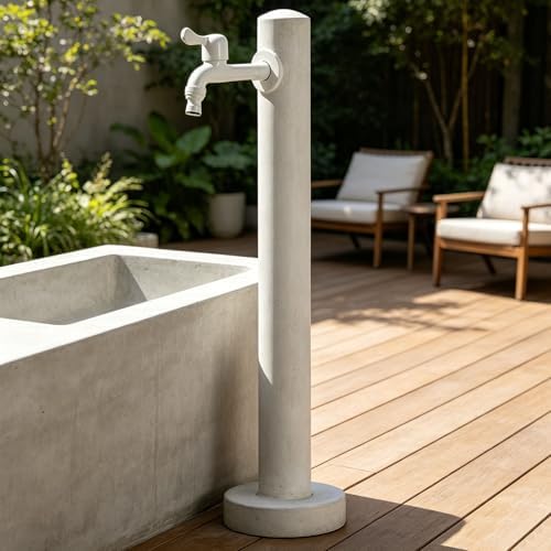 Stainless Steel 60/95cm Water Dispenser Column, Round with Water Tap and Hose Connector Free-Standing Garden Tap Outdoor Spigot, Vertical Water Hydrant(White,60cm/23.6in,Style 1) by Junvstor