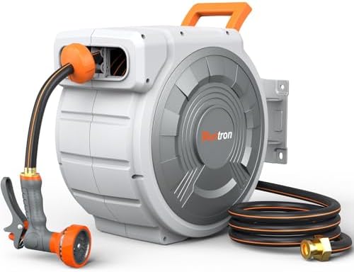 Retractable Garden Hose Reel 5/8"x100ft, 3-Ply Reinforced water hose reel, Any Length Lock, Heavy-Duty Rust Prevention Metal Mount, Brass Fitting, 9 Spray Nozzle for Lawn & Gardening by Puritron