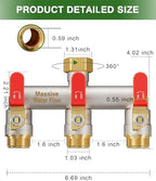 Hose Splitter 3 Way Heavy Duty Full Flow Brass Nickel Plated Outdoor Faucet and Garden Connector - Water Spigot Splitter - T Adapter with Shut-Off Valve, 3/4 - Inch GHT Thread（Red） - Image 2