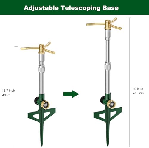 FANHAO 2 Pack Metal Lawn Sprinklers with Adjustable Telescoping Base, 3-Arm Water Sprinkler 360 Degree Rotation High-Rise Sprinkler for Large Area Coverage, Garden Watering Irrigation Sprinkler System - Image 4