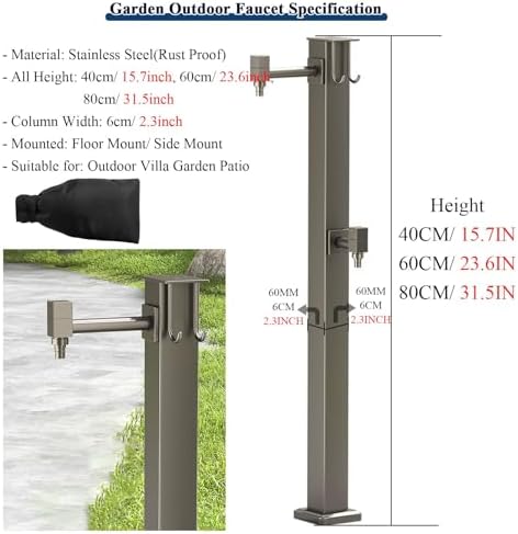Vertical Garden Faucet Column for Outdoor, Heavy Duty Steel Hose Holder with 15M Spray Gun & Hooks - Free Standing Tap Water Fountain Stand for Villa Courtyard Watering, Floor Mounted - Image 5