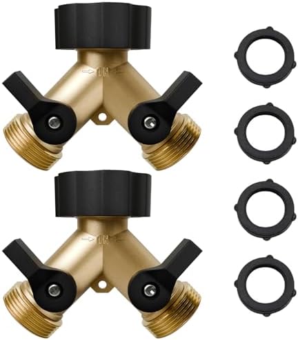 Garden Hose Splitter 2 Way, Y Connector Brass Garden Hose Splitter, Outdoor Valve Hose Adapter with 2 Extra Rubber Washers, Heavy Duty Brass Connector Tap Splitter, Hose Spigot, 2 Pack by Unknown