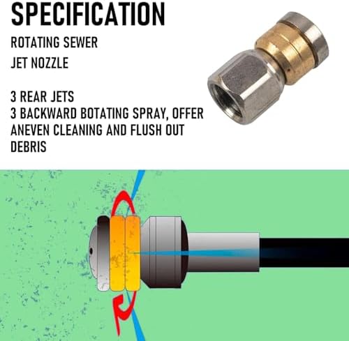 Hourleey Sewer Jetter Kit for Pressure Washer 200FT, 4000 PSI Drain Cleaner Hose 1/4 Inch NPT, Corner Rotating and Button Hose Sewer Jetting Nozzle Pearl Corsage Pin Tape Handle Strap Spanner, Green - Image 3