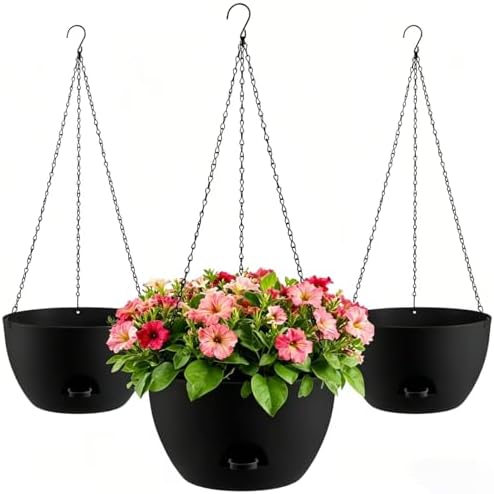 3-Piece Set of 10-Inch Hanging Planters with Automatic Watering System and Drip Tray, Includes Metal Chain, Suitable for Various Indoor and Outdoor Plants and Flowers,Pure Black by Unknown