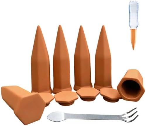 Large Clay Watering Spikes with Lids, Olla Spikes | 6 Pack Self-Watering Stakes for Indoor & Outdoor Planters | Terracotta Vacation Plant Waterer, Slow Release Devices with Rake by Unknown
