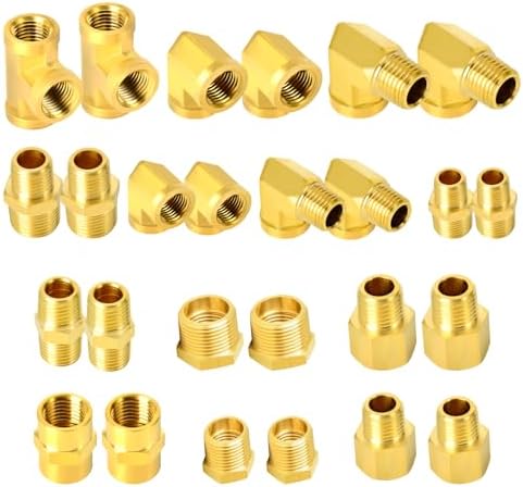 GASHER 26PCS Brass Pipe Fitting Kit, Hex Bushing, Reducer Adapter, Hex Nipple, 90 Degree Barstock Street Elbow by GASHER