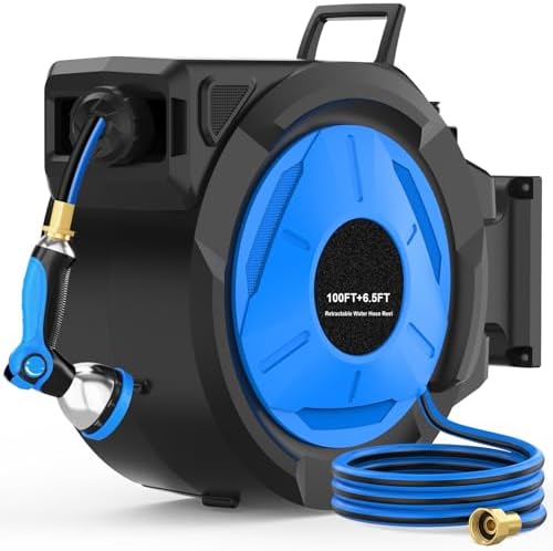 Retractable Garden Hose Reel, 1/2 in x 100 ft Heavy Duty Wall Mounted Hose Reel with Upgraded Automatic Slow Rewind System, Any Length Lock, 180° Swivel Bracket, 10-Pattern Nozzle for Outdoor Watering by HOMDOX