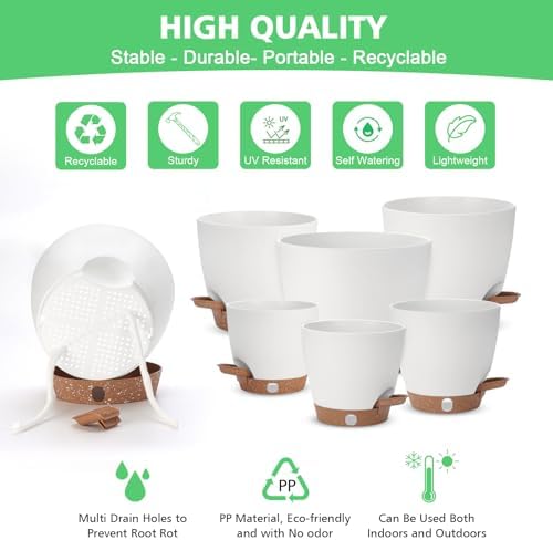 Self Watering Planter with Visual Water Level, 6Pack Small Plastic Pot Set with Drainage Holes and Reservoir Saucers, Modern 8+7+6.5+6+5.5+5 Inch Bottom Watering Flower Pots for Indoor Plant - White - Image 5