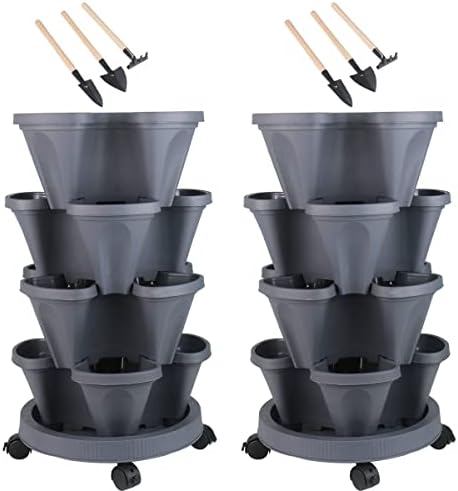 DUNCHATY Stackable Planter, Vertical Garden Planter with Wheels and Tools, Self Watering Strawberry Planter Indoor/Outdoor 3 Tier Herb Planter Pots for Growing Vegetables and Succulents, Dark Gray by DUNCHATY