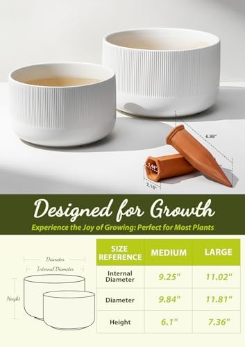 Ceramic Planters, 10- and 12-Inch Large Indoor/Outdoor Plant Pots with Drainage Holes and Watering Spikes, White, Set of 2 - Image 3