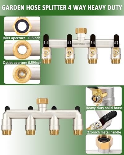 4 Way Hose Splitter Heavy Duty, Garden Hose Splitter with 4 Long Handle, Full Flow Brass Nickel Plated Water Hose T Spigot Splitter Adapter Connector, 3/4 - Inch GHT Thread (Black) - Image 4