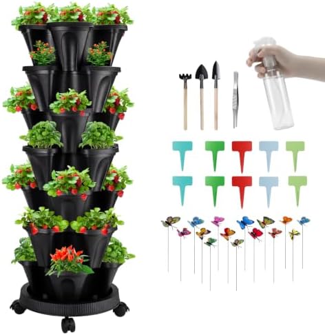 GameXcel Vertical Planter Tower - 7 Tier Stackable Garden Planters with Wheels and Garden Tool Set Plant Pots for Strawberry Herb Flower and Vegetable Indoor Outdoor Use Black by GameXcel