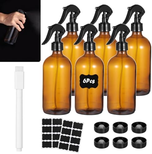 OMISTAR 6 Pcs 16 oz Amber Glass Spray Bottles for Cleaning - Empty Glass Spray Bottle Set with Labels and Pen, Refillable Container for Essential Oils, Trigger Sprayer, Adjustable Nozzl, Leakproof - Image 2