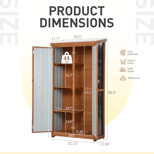 Tall Outdoor Storage Cabinet, 32" W x 16" D x 67" H Vertical Storage Shed with Wood Frame, Metal Panels, Padlock-Ready Double Doors, Sloped Roof and 3 Removable Shelves for Patio, Garden and Garage - Image 2