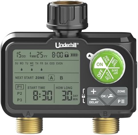 Underhill AquaVision Digital Hose Timer, Dual Zone Automatic Garden Water Timer with LCD Display, Programmable Irrigation Controller for Sprinklers, Drip Systems & Garden Hose Faucets by Underhill