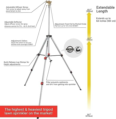 Eden 94157 PRO The Heaviest Weight Tripod (5.37 lbs) Metal Telescoping Tripod Brass Impulse Sprinkler with Premium Quick Connect Starter Set, Watering up to 6,360 Sq. Ft - Image 5
