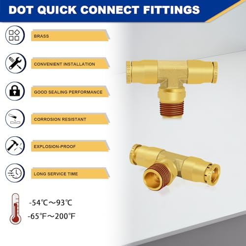 3 PCS DOT Brass Air Brake Fittings 3/8" OD × 1/4" NPT × 3/8" OD Tee - Image 3