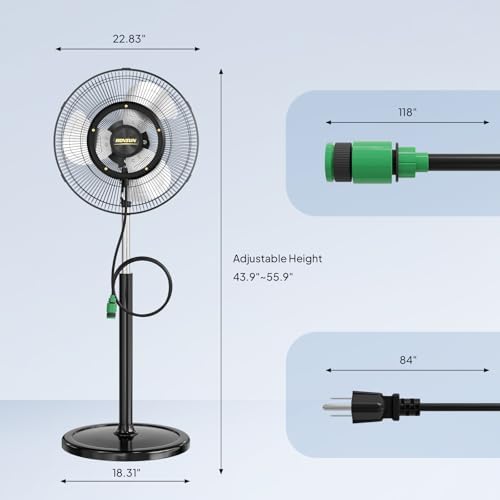 ROVSUN 20" Pedestal Misting Fan with BLDC Motor & Spray Ring, Industrial Outdoor Standing Mist Fan with Adjustable Height, 4-Speed High Velocity Oscillating Mister Fan for Outside Cooling, Patio - Image 6