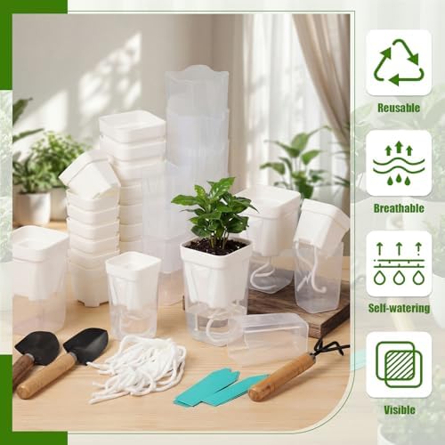 30 Pack 2" 2.5" Small Self Watering Pots for Indoor Plants Clear Mini Self Watering Plant Pot with Water Level Drainage Holes 30 Plastic Label 3 Planting Tools Rope for Propagation Succulent - Image 5
