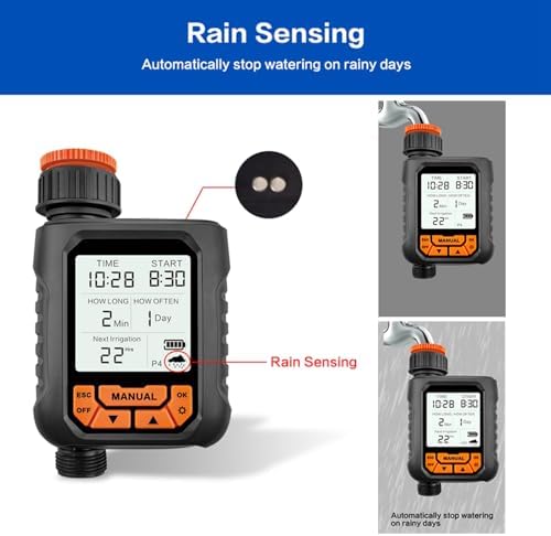 Yosoo Sprinkler Timer, Programmable Outdoor Water Timer for Garden Hose with Large LCD Screen and Rain Sensor, Automatic Irrigation for Yard Lawn with 4 Watering Programs (with Rain Sensor) - Image 5