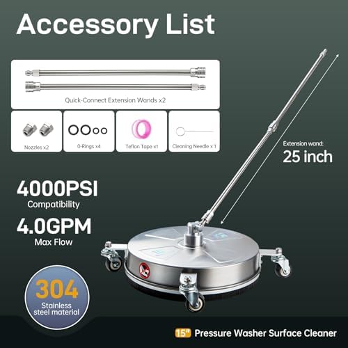 15" Pressure Washer Surface Cleaner with 4 Wheels, Surface Cleaner for Pressure Washer, 2 Extension Wands, 2 Replacement Nozzles, Power Washer Surface Cleaner for Concrete, Driveway - Image 6