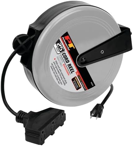 Performance Tool W2272 Retractable Cord Reel for Outlet Extension in Workshops and Home, Black/Gray, 25 feet by PerformanceTool