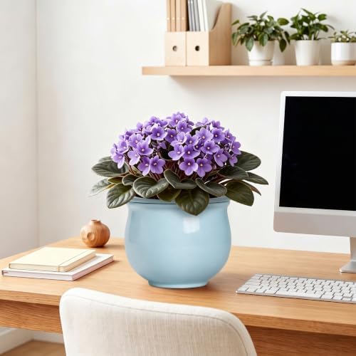 8 Inch African Violet Pots, Ceramic Self Watering Pots, Light Blue - Image 7