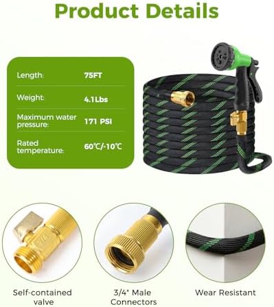 75ft Garden Hose，Non-Expandable Water Hose with 8 Function Spray Nozzle, Burst-Resistant，Kink-Free，Lightweight，Durable & Flexible 3/4" Garden Hose for Gardening, Yard，Lawn, Car Washing - Image 6