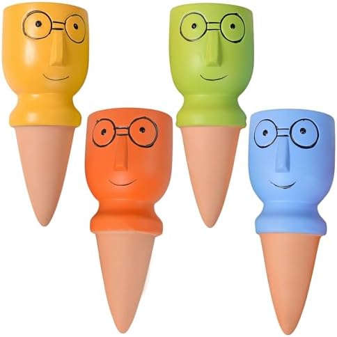 4 Pcs Terracotta Self-Watering Spikes for Plants, Funny Big Head Glasses Shape, Colorful Drip Irrigation Spikes, for Outdoor Plants and Vacation Care by Unknown