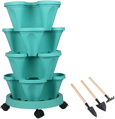 DUNCHATY Stackable Planter, Vertical Garden Planter with Wheels and Tools, Self Watering Strawberry Planter Indoor/Outdoor 3 Tier Herb Planter Pots for Growing Vegetables and Succulents, Teal by DUNCHATY
